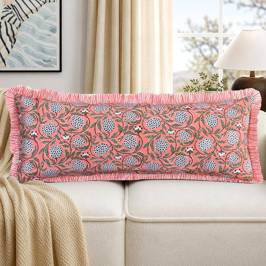 Ridhi Dark Salmon Pink Block Print Ruffle Pillow Sham 36x14 Inch Set of 1 | Amazon (US)