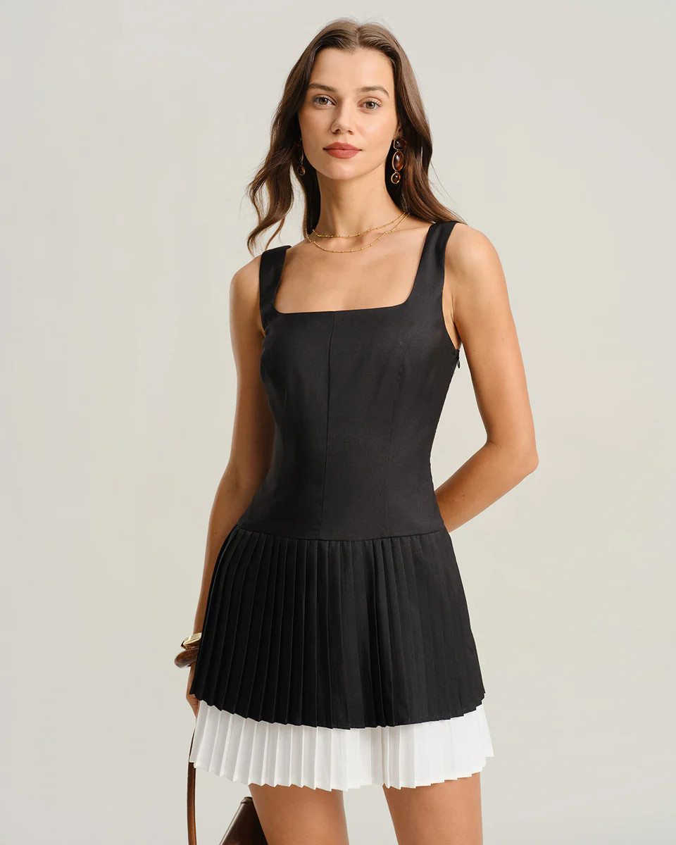 Black Contrasting A-Line Slip Mini Dress | rihoas.com