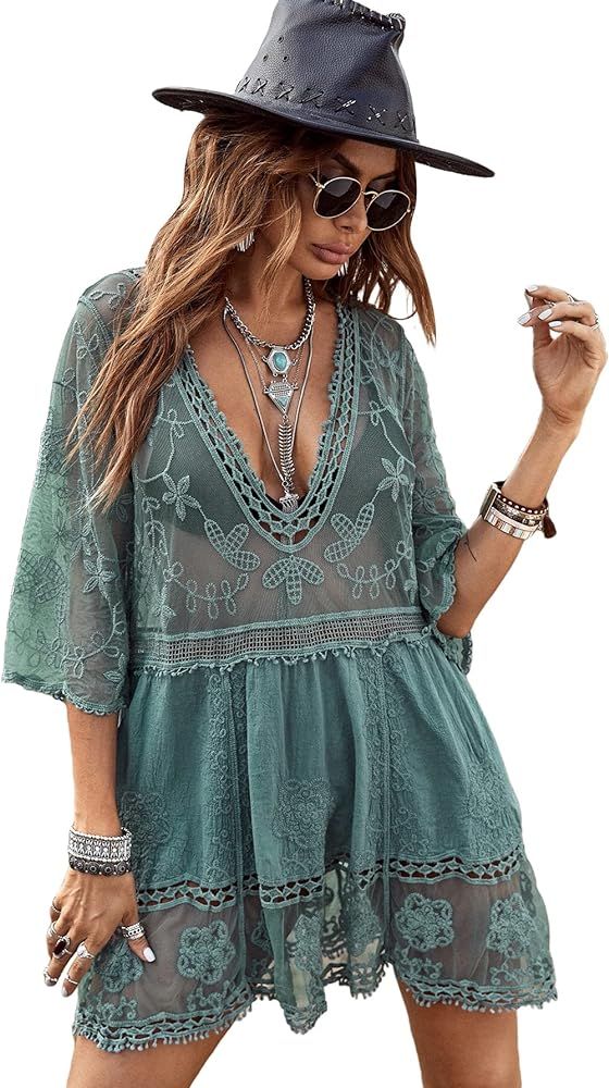 MakeMeChic Women's Short Sleeve Plunging Beach Cover Up Dress Swimsuit Cover Up | Amazon (US)