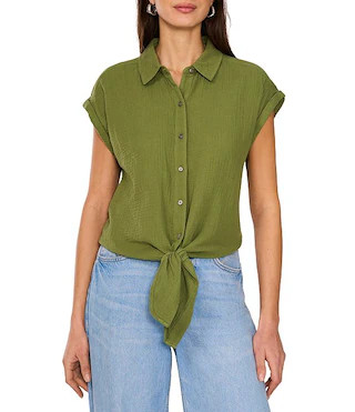 Woven Collared Short Sleeve Tie Front Blouse | Dillard's