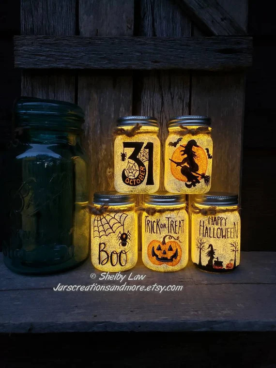 Lighted Jar Collection Mini Halloween Mason Jars 3 Inches - Etsy | Etsy (US)
