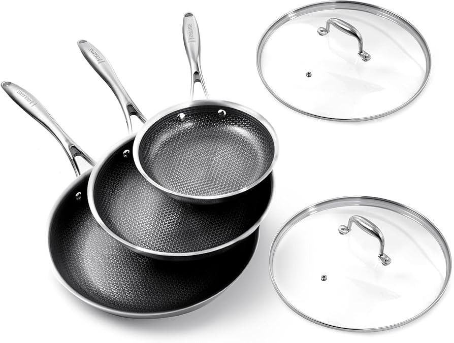 DELUXE Hybrid Ceramic Nonstick 5-Piece Fry Pan Set,8,10,12 Inch Frying Pans with Tempered Glass L... | Amazon (US)