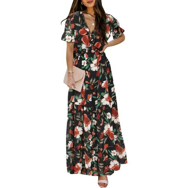 Dokotoo Womens Maxi Dress for Wedding Guest Sexy V Collar Short Sleeve Summer Dresses Flowy Ruffl... | Walmart (US)
