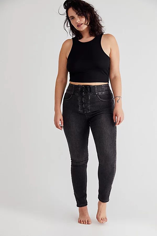 CRVY High-Rise Lace-Up Skinny Jeans by We The Free at Free People, Black as Night, 28 | Free People (Global - UK&FR Excluded)