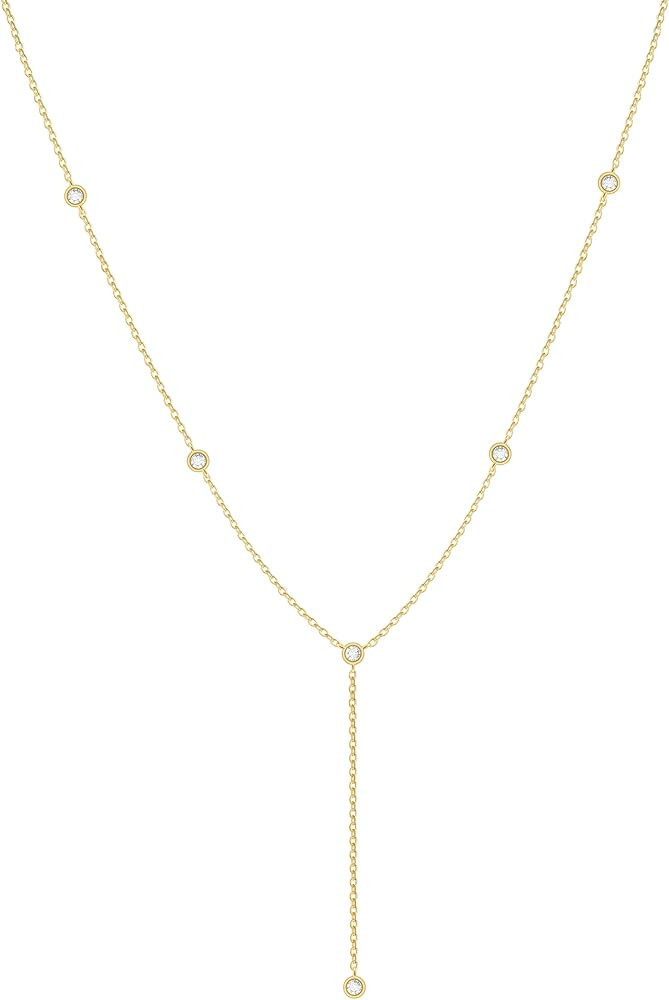 Lariat Necklace for Women，Dainty Gold Long Necklaces 14k Gold Plated CZ Lips Bead Y-Shaped Drop... | Amazon (US)