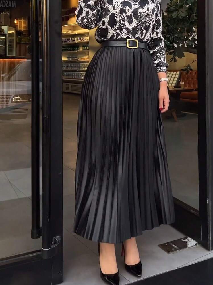 Women's Solid Color Elegant Pleated Skirt, Lightweight & Comfortable Taffeta Skirt Black Spring | SHEIN