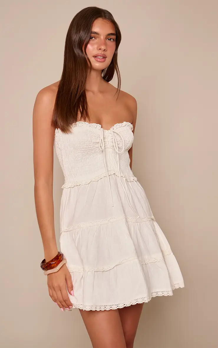 White Bandeau Shirred Broderie Trim Shift Dress | PrettyLittleThing UK