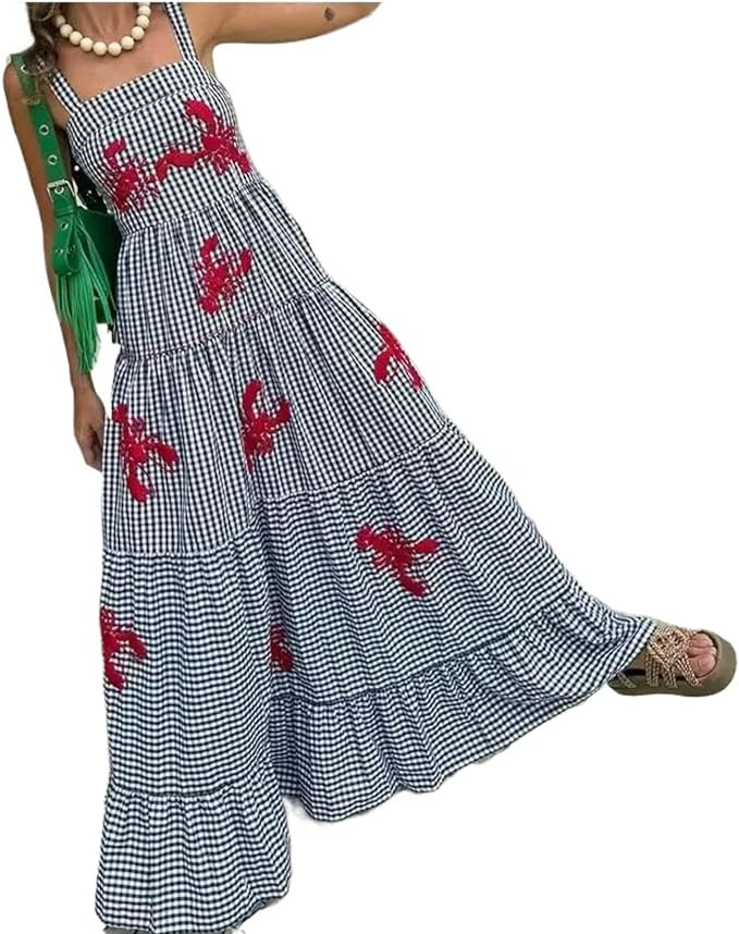 XPONNI Gingham Dress Lobster Summer Maxi Dresses for Women 2024 Shrimp Long Dress Flowy Ruffle Li... | Amazon (US)