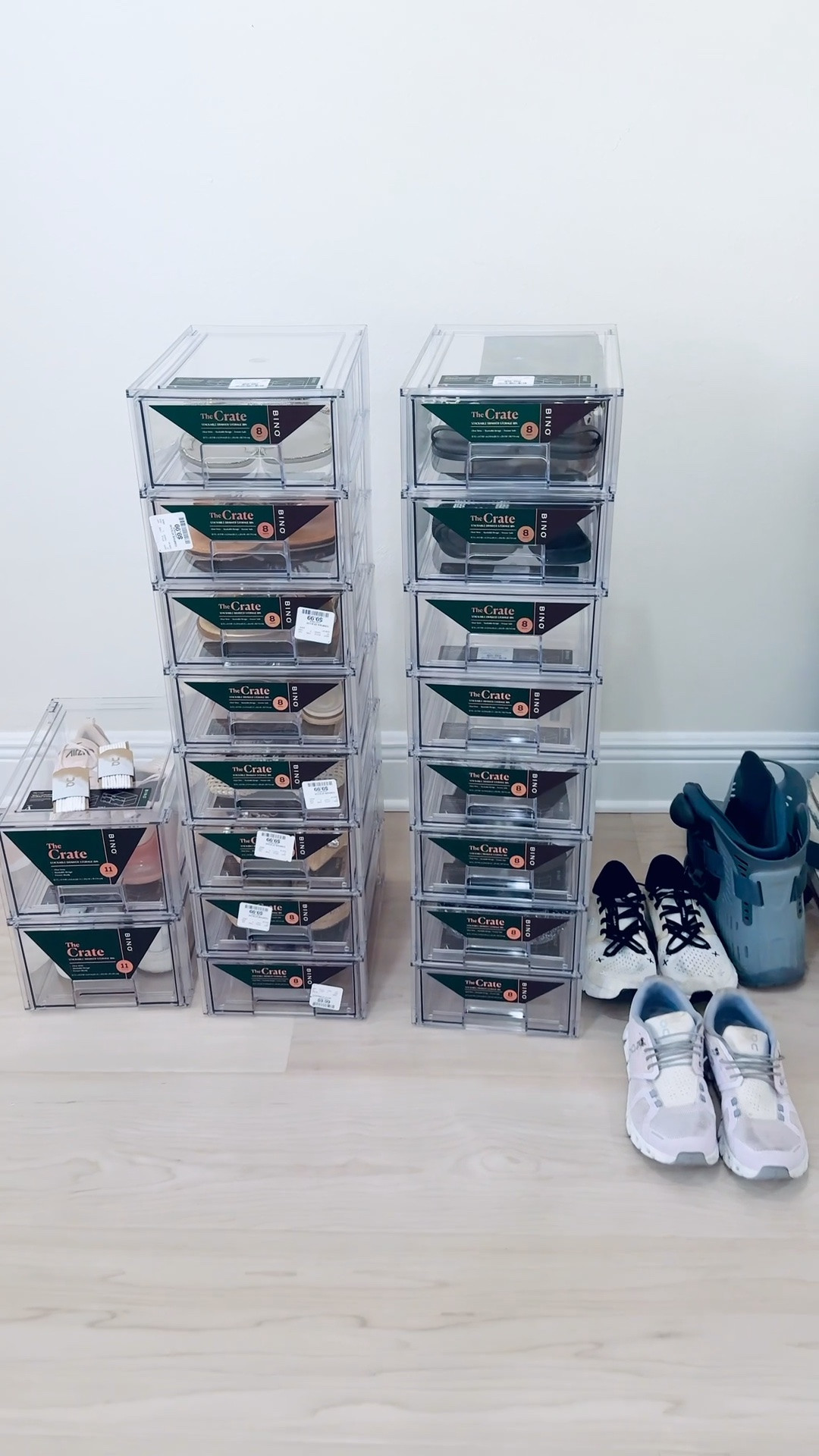 Shoe storage clear acrylic drawers. See your shoes easily to keep organized. Flats/sandals in 8 quarts, sneakers in 11 quarts, heels in 13.5 quarts, boots in 19 quarts storage drawers.