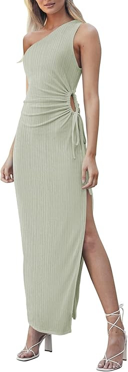 Pink Queen Women's Summer One Shoulder Sleeveless Ruched Cutout Side Slit Ribbed Bodycon Maxi Dre... | Amazon (US)