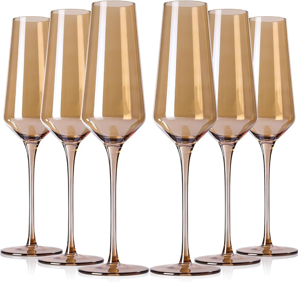 Amber Champagne Flutes Set of 6-6.5oz Hand Blown Crystal Amber Champagne Glasses for Party Weddin... | Amazon (US)