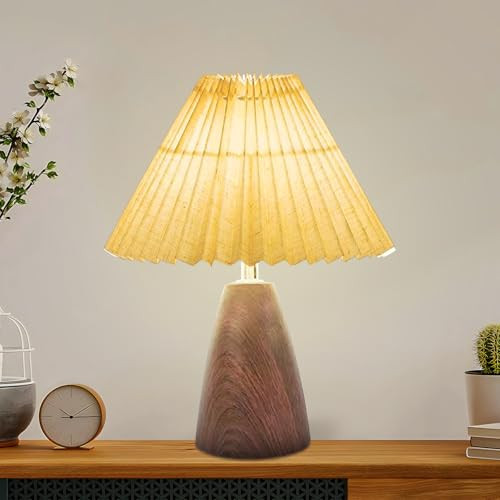 Small Pleated Table Lamp, Modern Metal Base Nightstand Lamp with Beige Fabric Shade, Ideal for Bedroom, Living Room, Kids Room, and Study, A Cute Accent Lamp for Cozy Lighting (Wood Grain lamp-6) | Amazon (US)