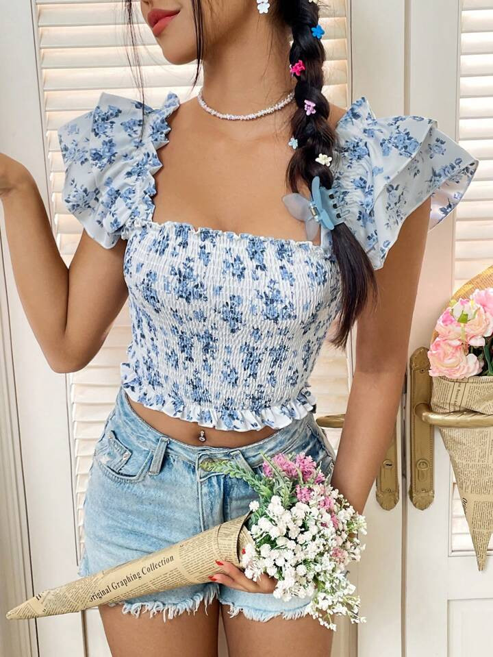 Flirla Women's Floral Print Ruffle Sleeve Wrap Blouse | SHEIN