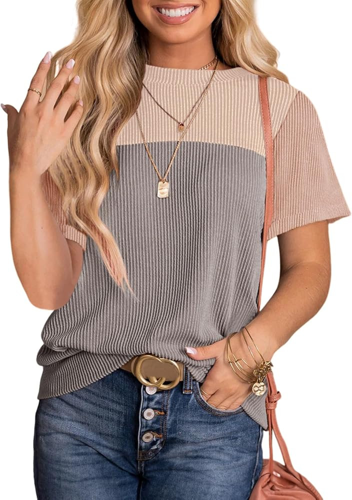 Dokotoo Womens Color Block Fashion Short Sleeve Crewneck Knitted Spring Summer Casual Loose T Shi... | Amazon (US)