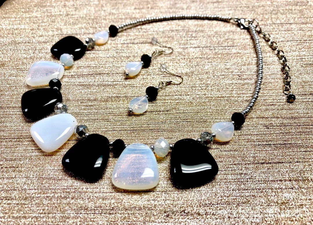 Black Statement Necklace Set, Black White Necklace, White Earrings, Chunky Necklace, Bib Necklace... | Etsy (US)
