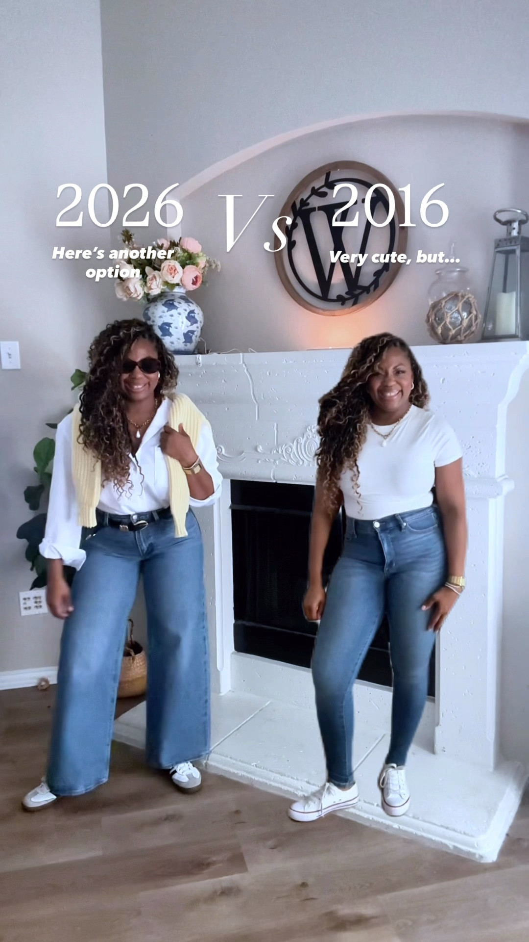 Style revamp idea. Skinny jeans vs straight or wide. Both are cute! But the current option is more elevated in timeless. 

Amazon fashion, Levi’s, Adidas, Converse