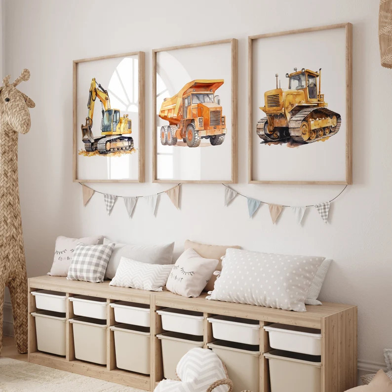 Kids Construction Truck Wall Art Set of 3 Digital Prints Truck Playroom Kids Wall Art Nursery Dec... | Etsy (US)