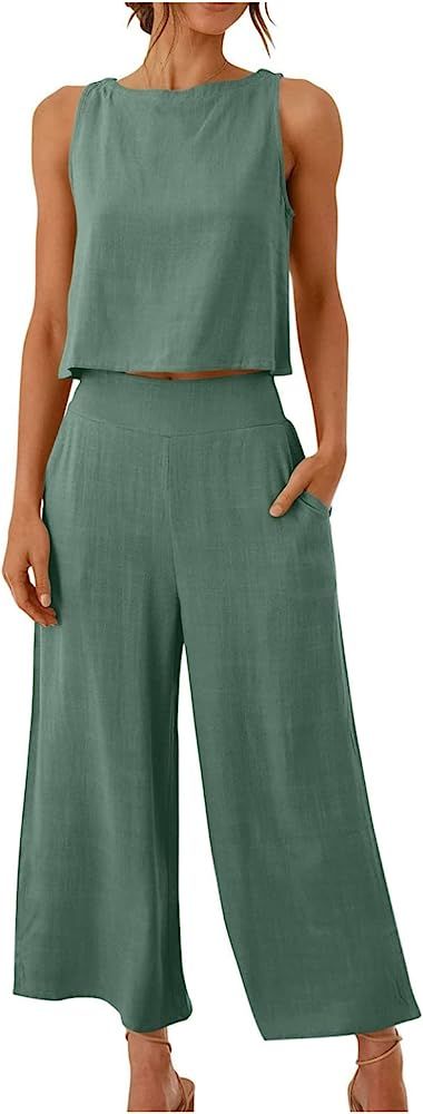 Summer Two Piece Outfits for Women Sleeveless Tank Crop Ruffle Hem Top Capri Wide Leg Pants Set w... | Amazon (US)