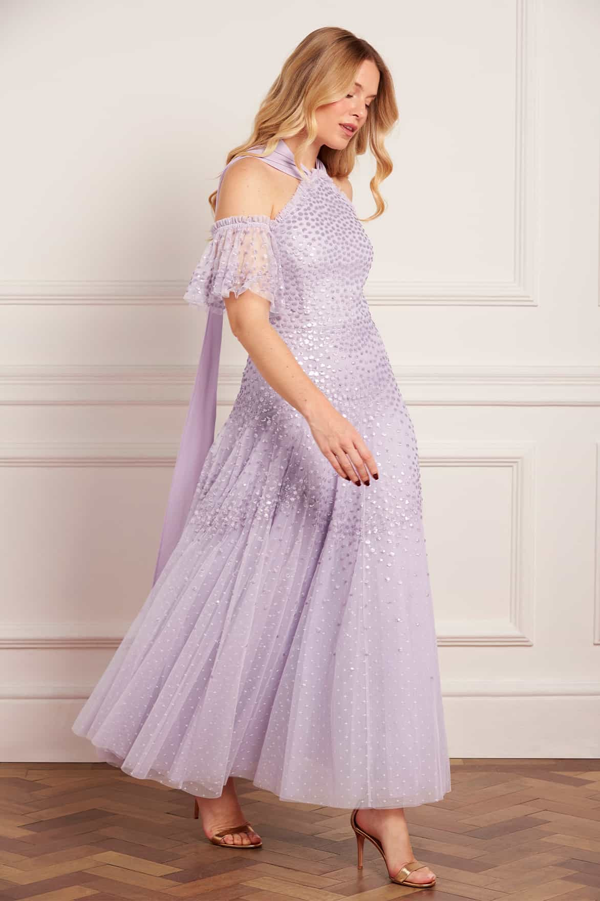 Scallop Sequin Halter-Neck Ankle Gown | Needle & Thread