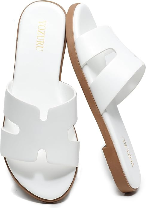 Yozuru Womens Flat Sandals Open Toe Dressy Summer Sandals Comfortable Casual Slip on Leather Slid... | Amazon (US)
