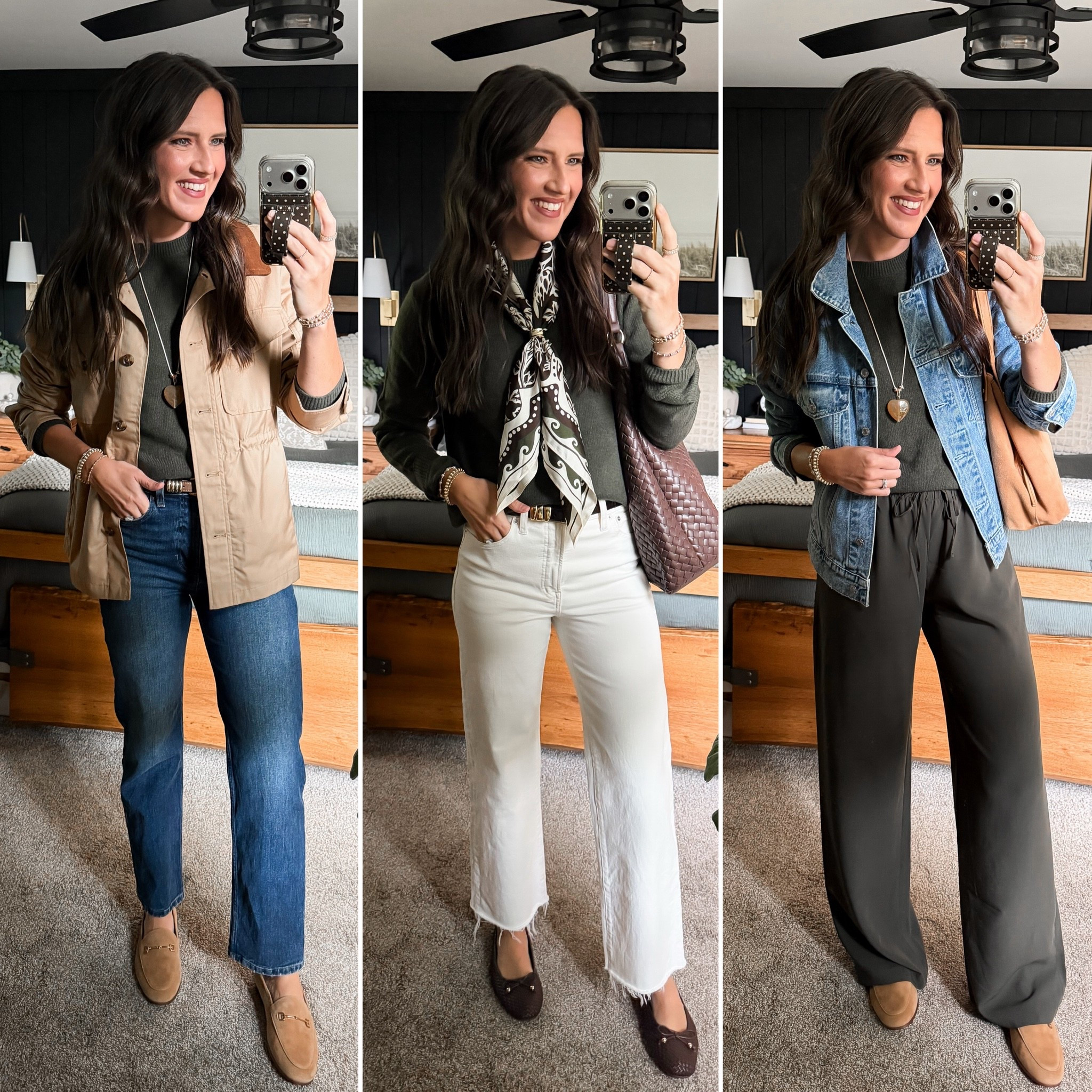 Fall Capsule Wardrobe - Green Sweater 

Sweater (medium tall) 
Tan jacket (medium) 
Straight leg jeans (26 regular in the medium wash) 
Ivory jeans (27 long) 
Olive pants (small tall) 
Denim jacket (xs/sm)