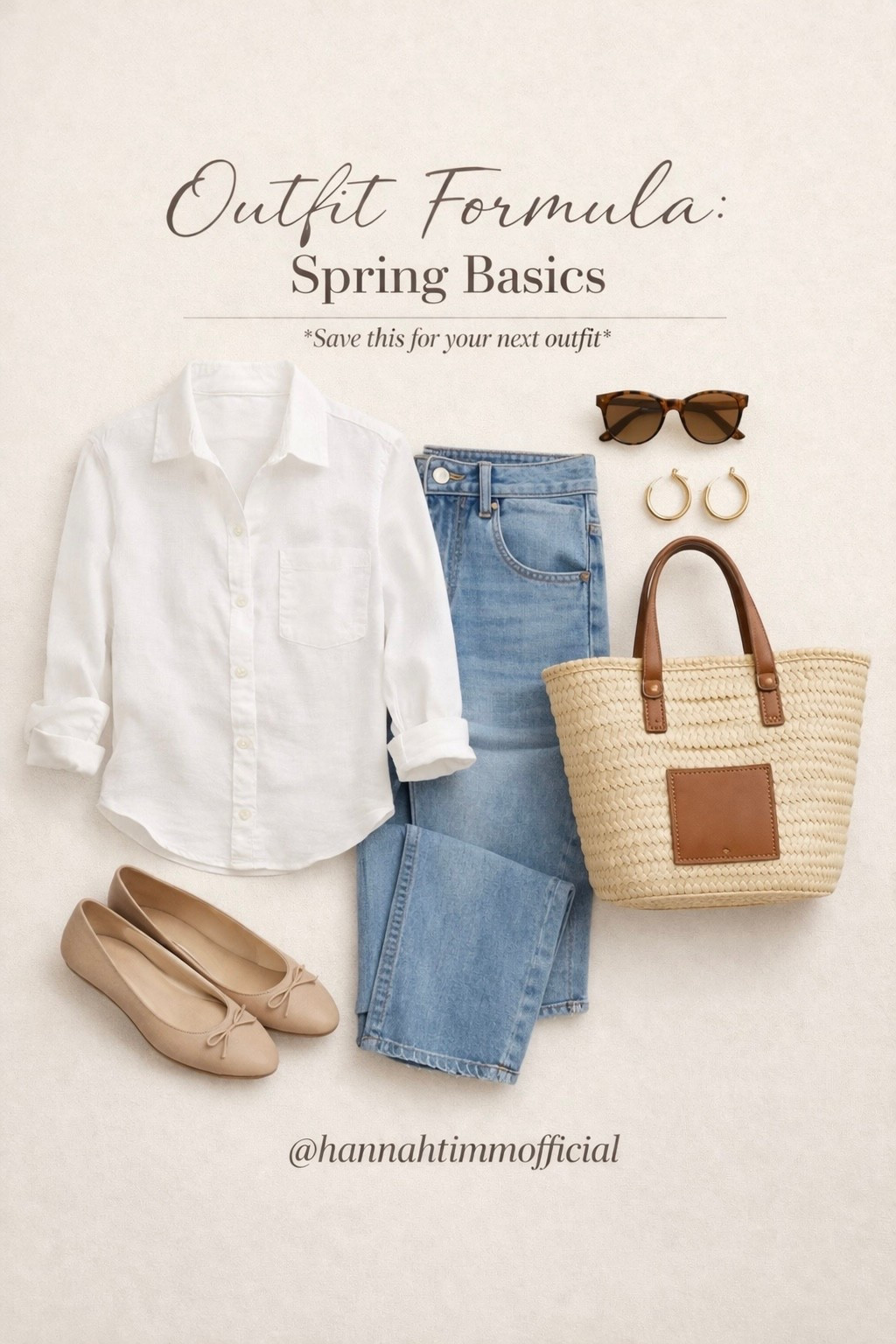 This is the baseline.

White button down, straight leg denim, neutral flats. Add a woven tote and a few gold pieces and it’s done.

You can wear this anywhere and not think twice about it.