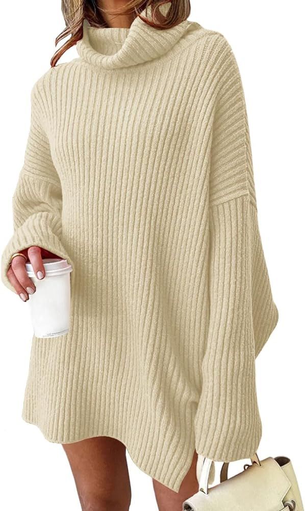EFAN Womens Oversized Turtleneck Sweater Dress 2023 Trendy Pullover Ribbed Knit Dress | Amazon (US)