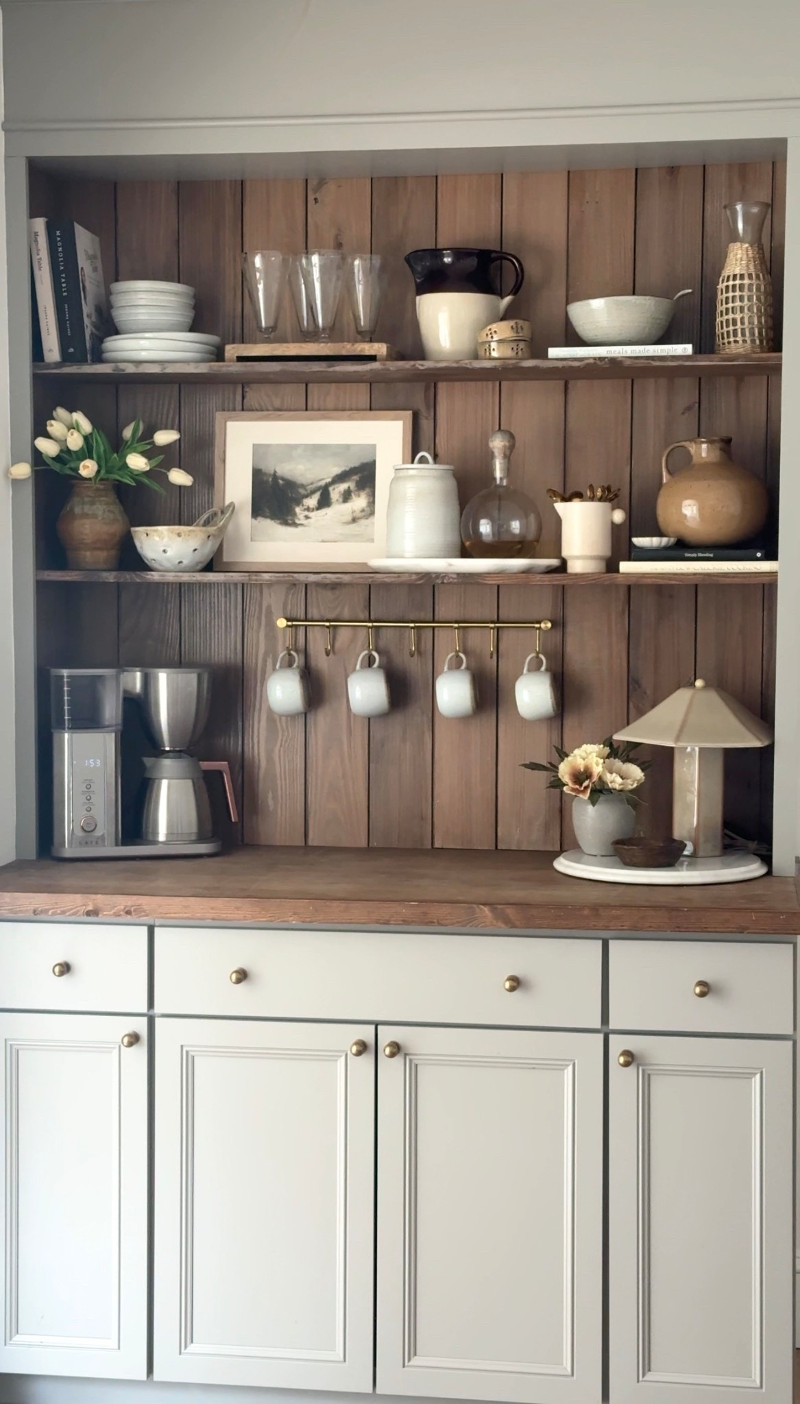 Coffee bar | coffee bar decor | vintage | antique | collected found | Lowe’s | stock cabinets | wintucket | drawer pulls | cabinet knobs | Amazon finds | target | budget home decor | Etsy | studio McGee | stoneware | pitcher | faux tulips | spring decor | winter decor | McGee & co

#LTKSaleAlert #LTKHome