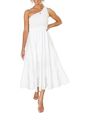 ZESICA Women's 2024 Bohemian Summer Floral Print One Shoulder Sleeveless Smocked Ruffle Tiered Be... | Amazon (US)
