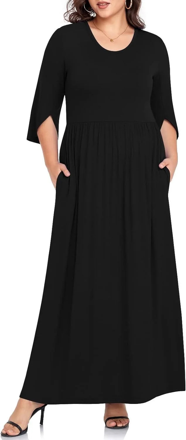 JuneFish Women's Plus Size Dresses 1X to 5X Crewneck Ruffle 3/4 Sleeve Casual Maxi Dress | Walmart (US)