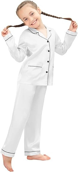 SWOMOG Kid Silk Satin Pajamas Set Girls Boys pj Set with 2 Pockets Long Sleeve Sleepwear Button-u... | Amazon (US)