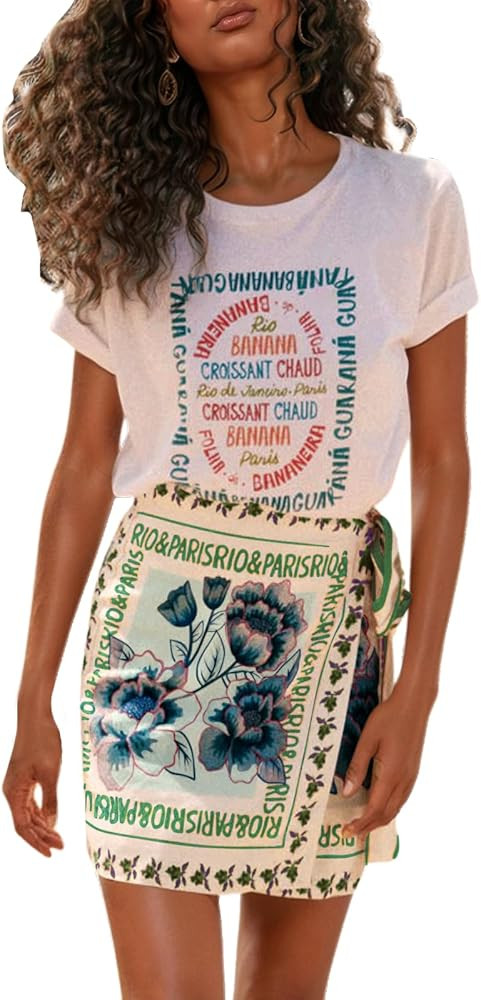 CHARTOU Women's Summer Floral Print Wrap Short Skirt Knot Side High Waist A Line Beach Mini Skirt | Amazon (US)