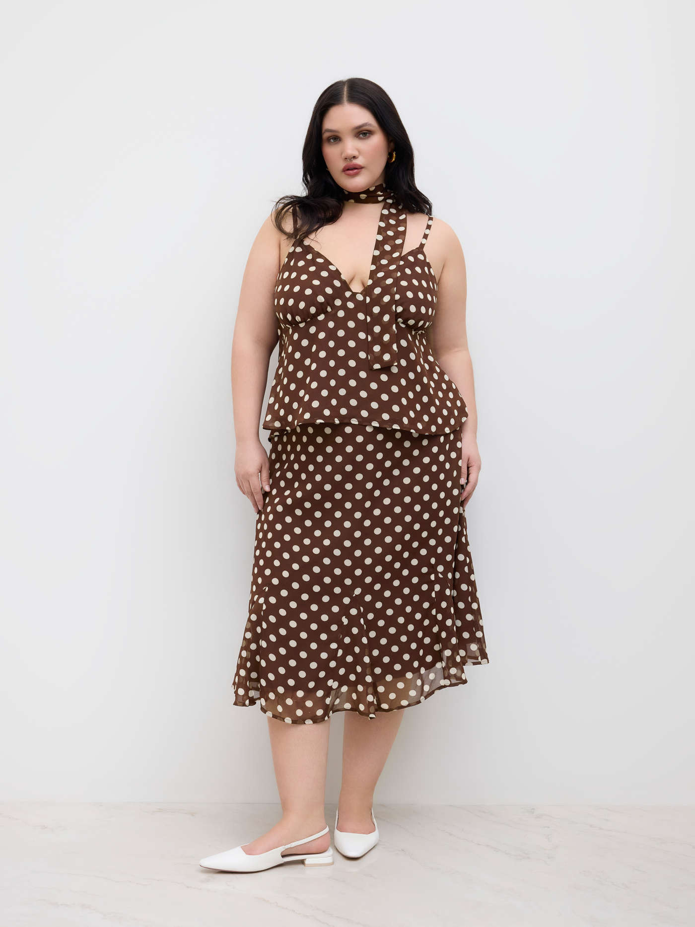 Polka Dot Chiffon Chiffon V-neck Polka Dot Cami Top With Scarf Curve & Plus For Daily Casual | Cider