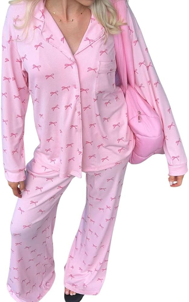 Womens Pajama Sets Cute Pj Set Bow Tie Print Long Sleeve Button Down Shirt With Long Pants Fall S... | Amazon (US)