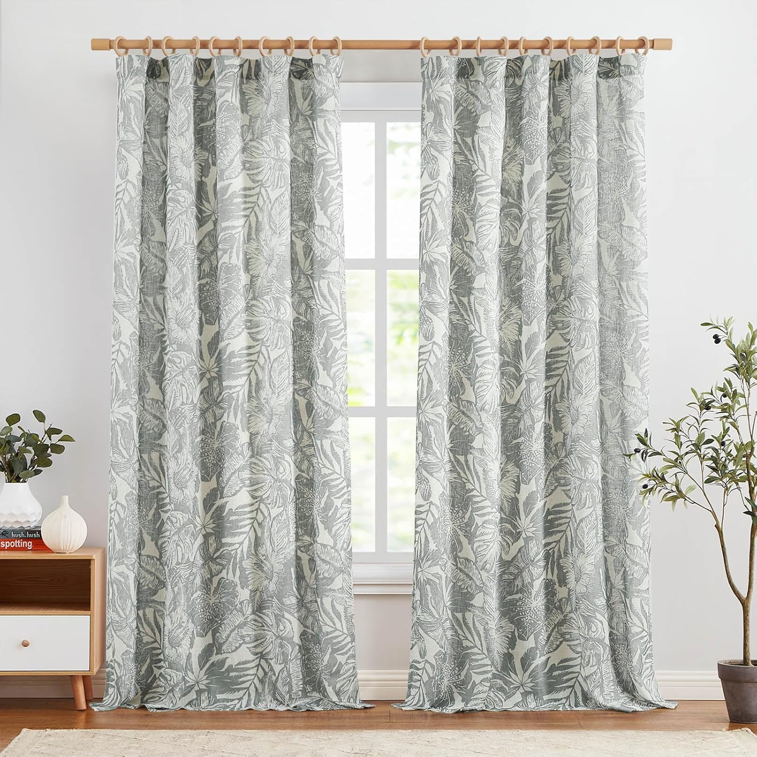 jinchan Thick Linen Curtains, 84 Inches Long, Leaf Pattern, Living Room & Bedroom, Grey Floral, W... | Amazon (US)