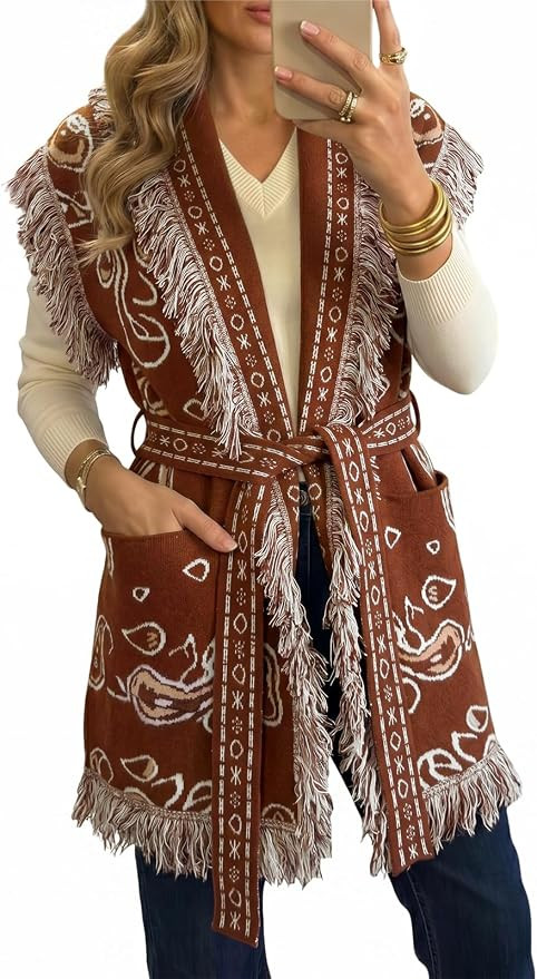 Saodimallsu Womens Sleeveless Long Cardigan Sweaters Fringe Shawl Collar Boho Paisley Wrap Belted... | Amazon (US)