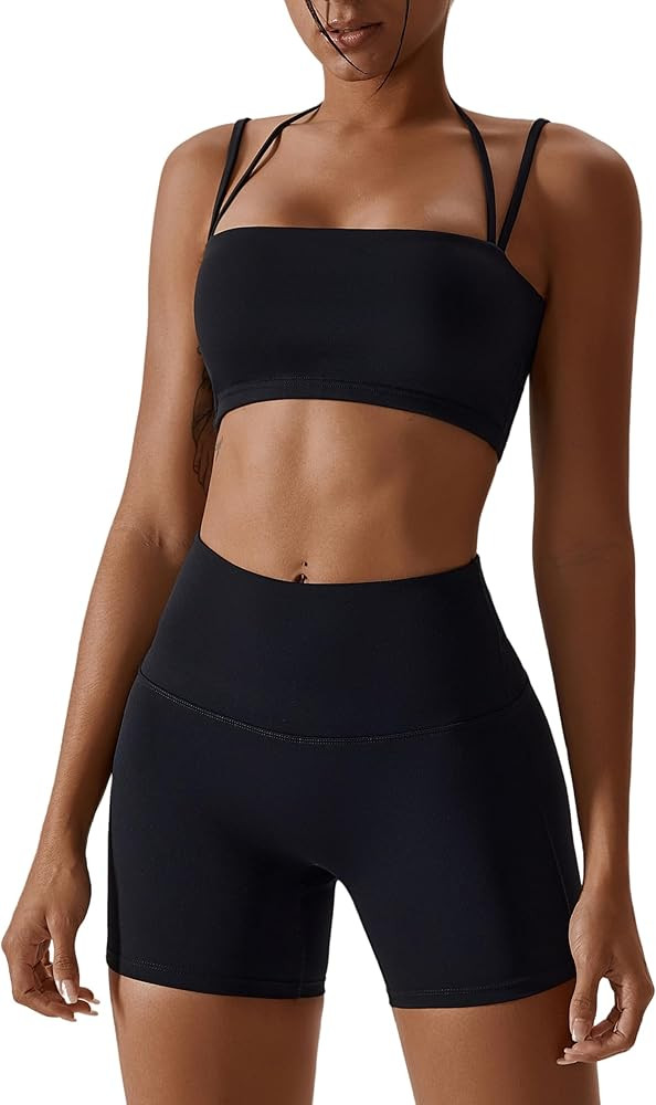 ABOCIW Workout Sets for Women 2 Piece Twist Front Halter Sports Bras High Waist Booty Shorts Exer... | Amazon (US)