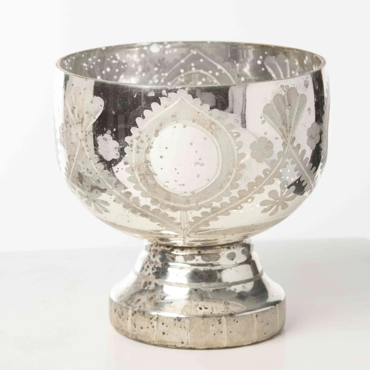 Antiqued Etched Silver Mercury Glass Compote Vessel | Darby Creek Trading