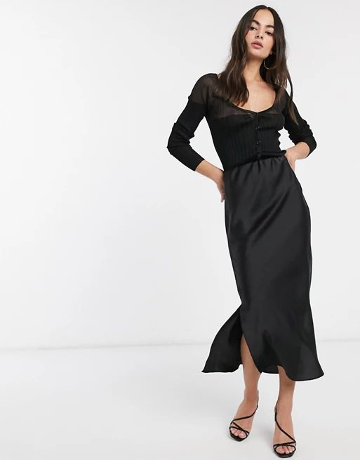 ASOS DESIGN bias cut satin midi skirt with splits in black | ASOS US