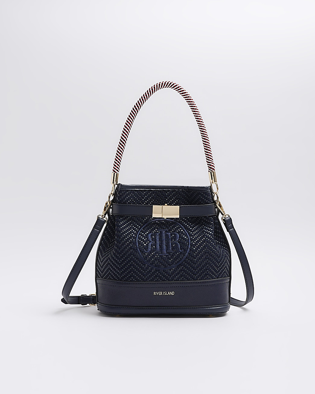 Navy weave embroidered bucket cross body bag | River Island (UK & IE)