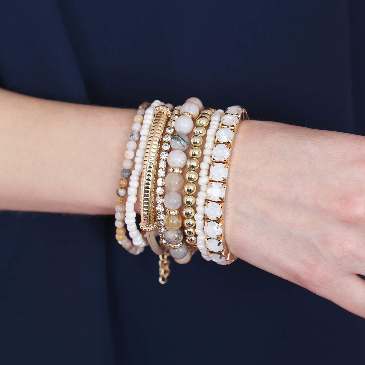 RIAH FASHION Multi Color Stretch Beaded Stackable Bracelets - Layering Bead Strand Statement Bangles | Amazon (US)