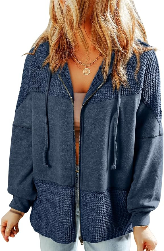 Dokotoo Waffle Knit Hoodies for Womens Zip Up Drawstring Fall Casual Trendy Clothing Jackets | Amazon (US)