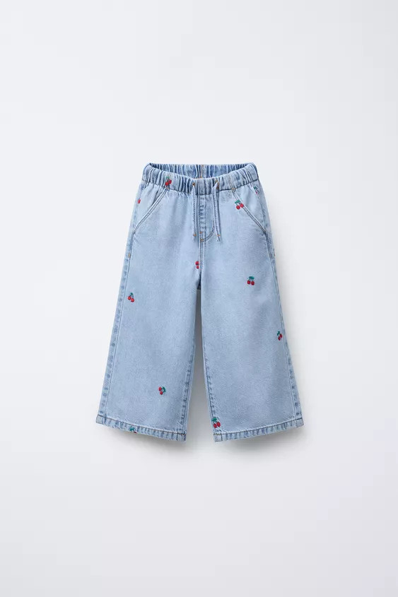 Wide leg jeans with elastic waistband and adjustable front drawstring. Front pockets and embroide... | Zara US