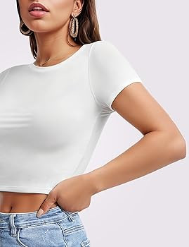 Womens Short Sleeve Crop Top Crew Neck Y2K Shirt Sexy Slim Fitted Casual Base Layer Soft Workout ... | Amazon (US)
