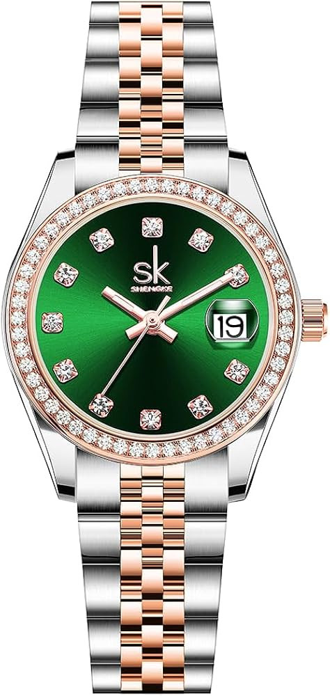 SHENGKE Women's Crystal Accented with Solid Alloy Steel Band Watch Elegant Dress Quartz Calendar ... | Amazon (US)