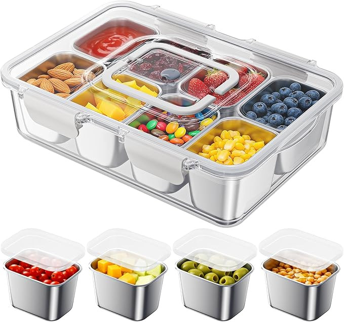 Snackle Box Container with 8 Removable Stainless Steel Compartments Divided Serving Tray with Por... | Amazon (US)
