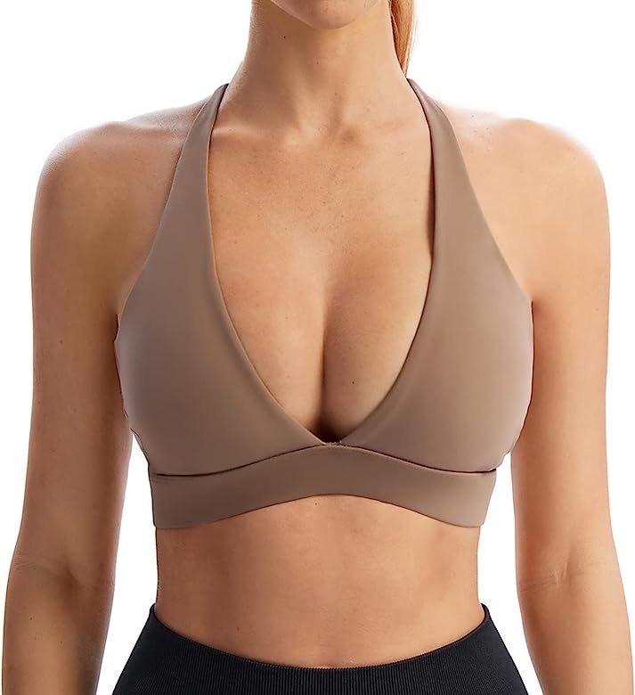INIBUD Sports Bra for Women Push Up Strappy Workout Top Padded Deep V-Neck Triangle Bralettes with S | Amazon (US)