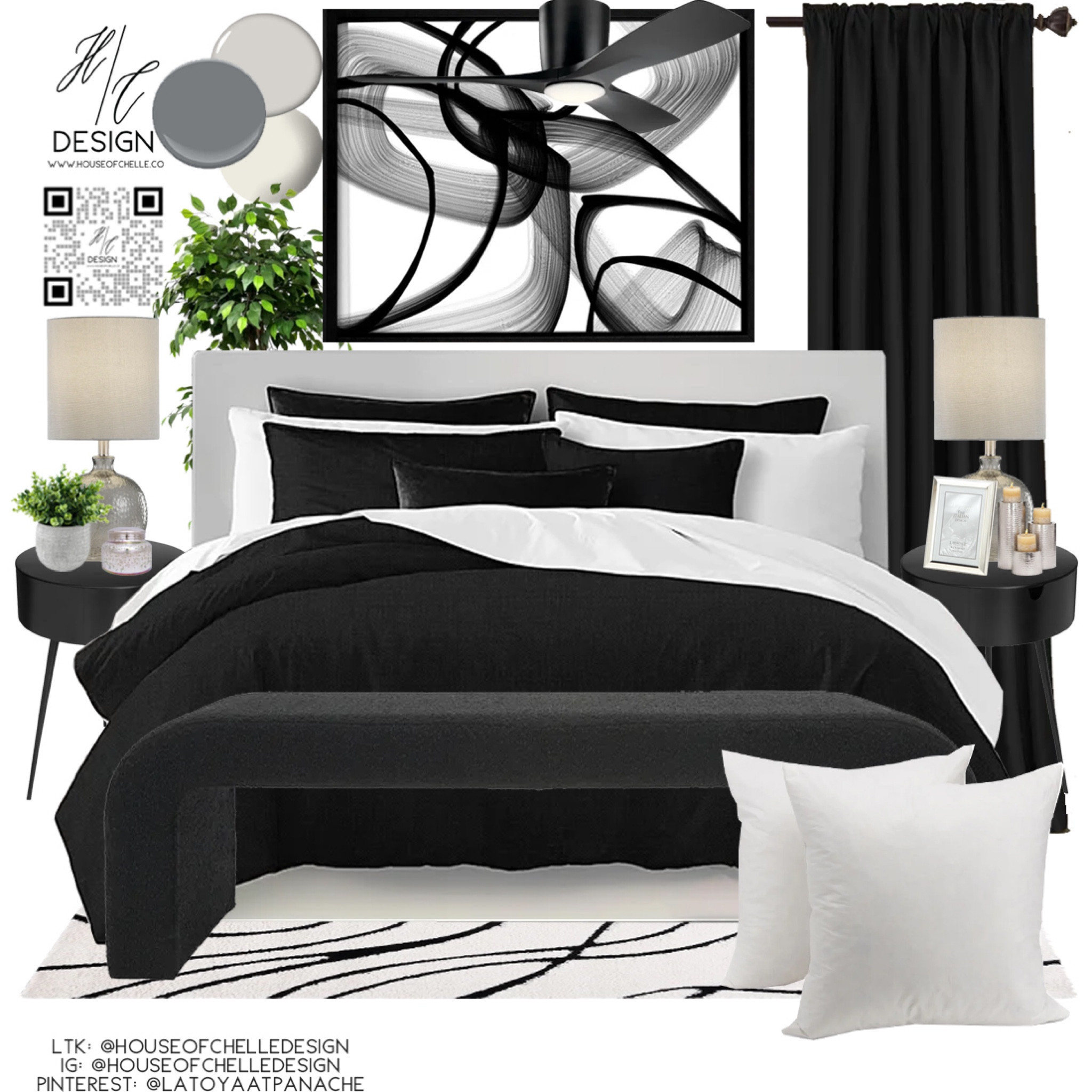 Black and White Modern Bedroom Decor | bedroom home decor | bedroom moodboard | bedroom concept board | bed, nightstand, bed bench, rug, side tables, side chair, nightstand lamps, table lamps, chandelier, ceiling fan, ceiling light, floor lamp, faux plants, vases, mirror, artwork, pillows, bedding, curtains, window treatments, candle holders, modern home, modern home decor, glam home. #bedroomdecor #blackandwhitedecor #homedecor #moodboard

#LTKfamily #LTKstyletip #LTKhome