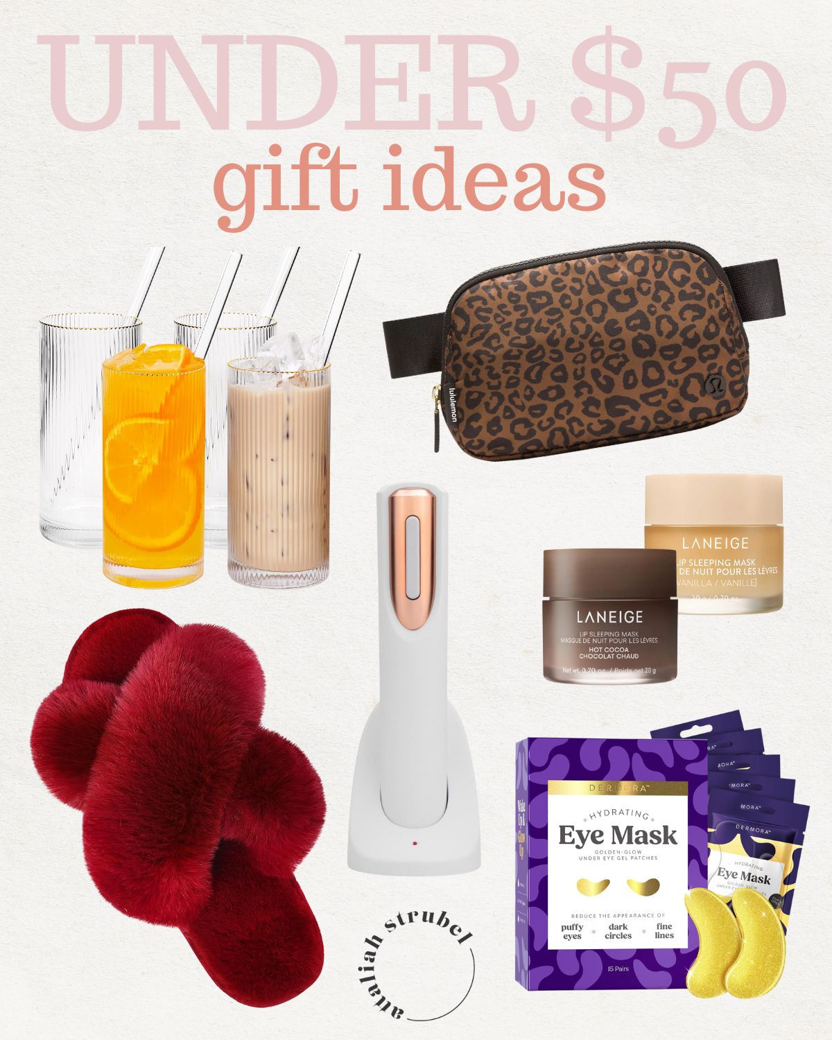 So many good gift ideas under $50! Fuzzy slippers. Belt Bag. Eye Masks. Laneige. Electric Wine Opener. Ribbed Glass Set. 

 #LTKGiftGuide #LTKStyleTip #LTKBeauty