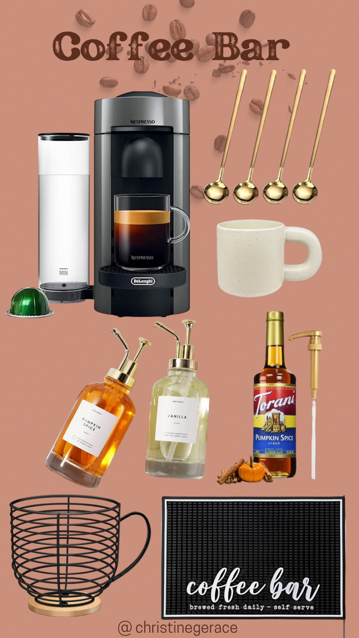 Coffee bar inspo ! 

Nespresso, coffee mug, glass pumps, spoons, coffee bar mat, pumpkin spice syrup, pod bowl 

#LTKSeasonal #LTKHome #LTKFindsUnder50